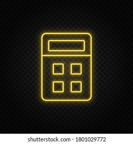 Yellow neon icon calculator. Transparent background. Yellow neon vector icon