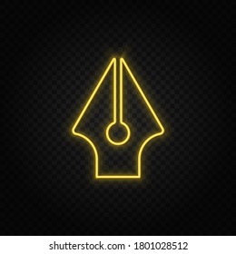 Yellow neon icon calligraphy, ink pen. Transparent background. Yellow neon vector icon