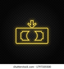 Yellow neon icon cash, finance, money.Transparent background. Yellow neon vector icon