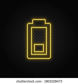 Yellow neon icon charge, battery. Transparent background. Yellow neon vector icon