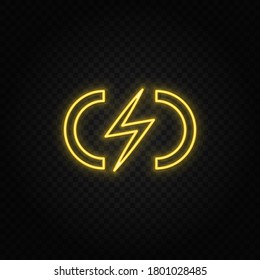 Yellow neon icon charge, flash. Transparent background. Yellow neon vector icon