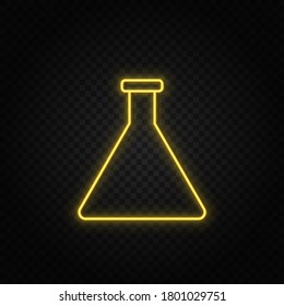 Yellow neon icon chemical flask. Transparent background. Yellow neon vector icon