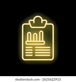 Yellow neon icon of clipboard showing growing chart on black background