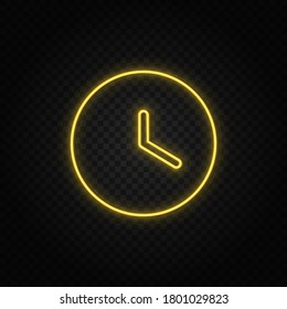 Yellow neon icon clock. Transparent background. Yellow neon vector icon