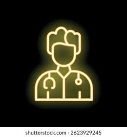 Yellow neon icon of a doctor wearing a stethoscope glowing on a black background