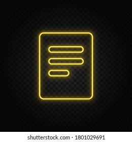 Yellow neon icon document. Transparent background. Yellow neon vector icon
