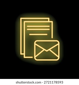 Icono de neón amarillo de los documentos con el sobre que representa el email marketing que brilla intensamente en un fondo oscuro