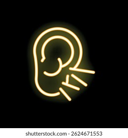 Yellow neon icon of an ear receiving sound waves, representing concepts like listening, audiology, and communication
