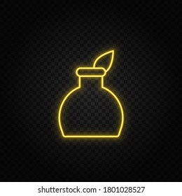 Yellow neon icon feather pen, ink pot. Transparent background. Yellow neon vector icon