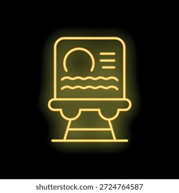 Yellow neon icon of a freight train waggon transporting goods on rails, glowing on a black background