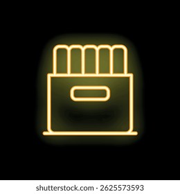 Yellow neon icon of french fries box glowing on black background
