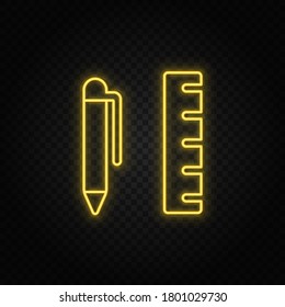 Yellow neon icon geometry, measuring ruler. Transparent background. Yellow neon vector icon