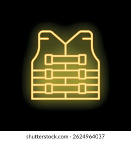 Yellow neon icon of a life vest glowing on a black background