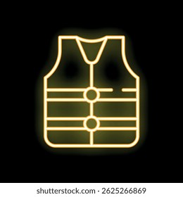 Yellow neon icon of a life vest glowing on a black background