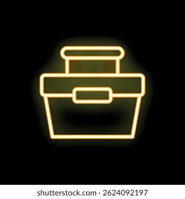 Yellow neon icon of a lunchbox glowing on black background, representing concepts such as food, break, work, school, lunch break and more