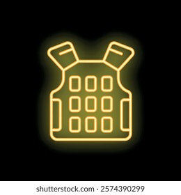 Yellow neon icon of military bulletproof kevlar vest glowing on black background