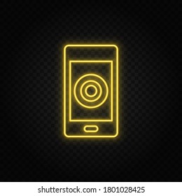 Yellow neon icon mobile, record. Transparent background. Yellow neon vector icon