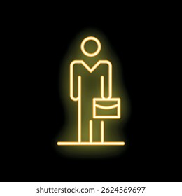 Gelbes Neonsymbol eines Büroangestellten, der mit einer Aktenmappe auf schwarzem Hintergrund steht