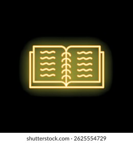 Yellow neon icon of an open book is glowing on a black background