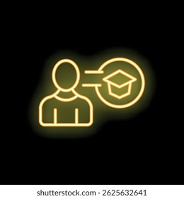 Yellow neon icon of a person getting knowledge, education and graduation concept