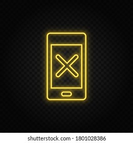Yellow neon icon phone, delete, remove. Transparent background. Yellow neon vector icon