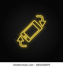 Yellow neon icon phone, rotate, arrows. Transparent background. Yellow neon vector icon
