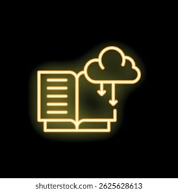 Gelbes Neonsymbol, das das Konzept des Herunterladens eines Buches von einem Cloud-Computing-System darstellt