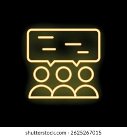 Icono de neón amarillo que representa a un grupo de tres personas conversando, simbolizando la comunicación y el trabajo en equipo