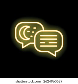 Yellow neon icon representing a night chat with a crescent moon and stars on a speech bubble