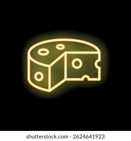 Yellow neon icon of a round cheese wheel with a piece cut out, glowing on a dark background