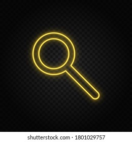 Yellow neon icon search, loupe. Transparent background. Yellow neon vector icon