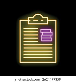Yellow neon icon showing a clipboard with a checklist on it, representing task management or survey concepts