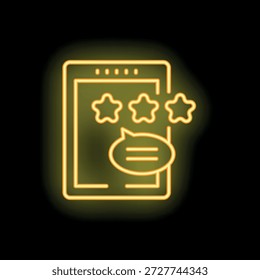 Icono amarillo del neón del smartphone con la calificación de cinco estrellas, Comentarios, comentario, notificación del mensaje en la pantalla