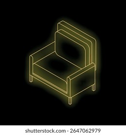 Yellow neon icon of a sofa is glowing against a black background