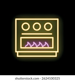 Yellow neon icon of a stove burning with purple flames, great for grabbing attention