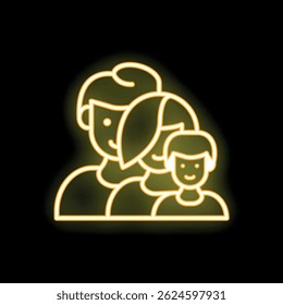 Yellow neon icon of three family members smiling