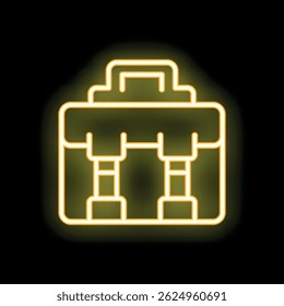 Yellow neon icon of a toolbox glowing on a black background