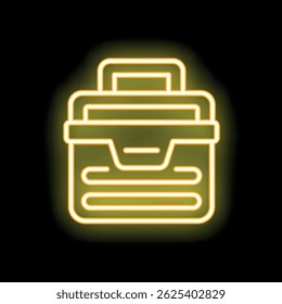 Yellow neon icon of a toolbox, shining on a dark background, symbolizing construction or diy projects