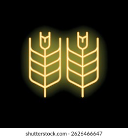 Gelbes Neonsymbol von zwei Weizenhalmen, die auf schwarzem Hintergrund leuchten