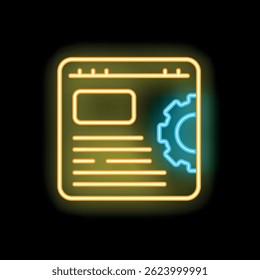 Icono de neón amarillo del Sitio web que se optimiza con el engranaje azul en el lado derecho sobre fondo negro