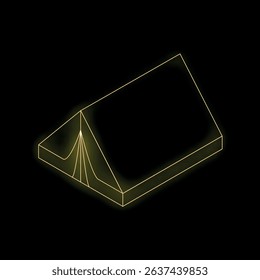 Yellow neon isometric camping tent glowing on black background