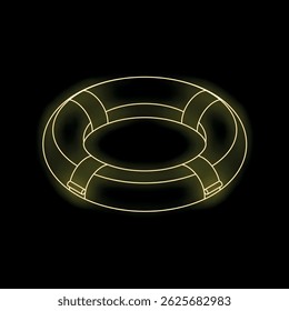 Yellow neon lifebuoy glowing on black background