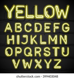 Yellow neon light alphabet with cable. Vector.