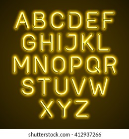 Yellow Neon Light Glowing Alphabet. Vector.