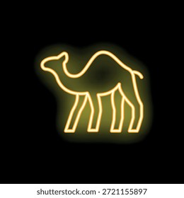 Gelbes Neonlicht, das ein Kamel zeigt, das still auf schwarzem Hintergrund steht