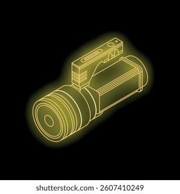 Yellow neon outline of a flashlight glowing on a black background
