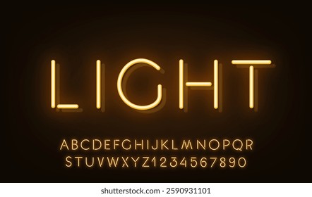Yellow Neon Reflection font on dark background. Light glow letter and numbers for text sign.