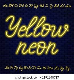 Yellow Neon Script. Uppercase And Lowercase Letters.