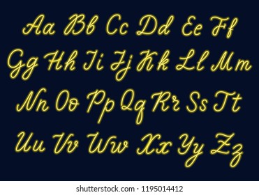 Yellow Neon Script. Uppercase And Lowercase Letters.