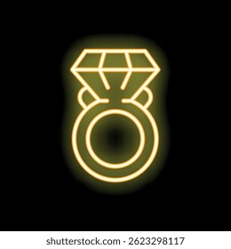 Yellow neon sign of a big diamond ring shining on a black background